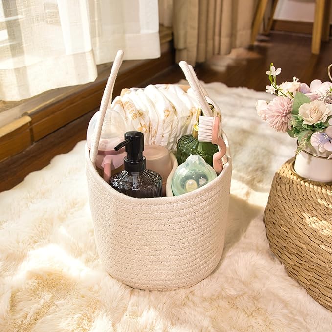 Baby Diaper Caddy Girl Boy Organizer Small Woven Baskets With Handle, Cotton Rope Tote For Shower Nursery, Decorative Small Storage Baskets For Shelves,Unique Gift Baby