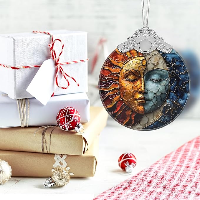 Christmas Ornament, 2025 Ornaments for Christmas Tree, Stained Glass Hanging Ornament, Holiday Ornaments, Unique Gift Idea - Sun and Moon Coexist
