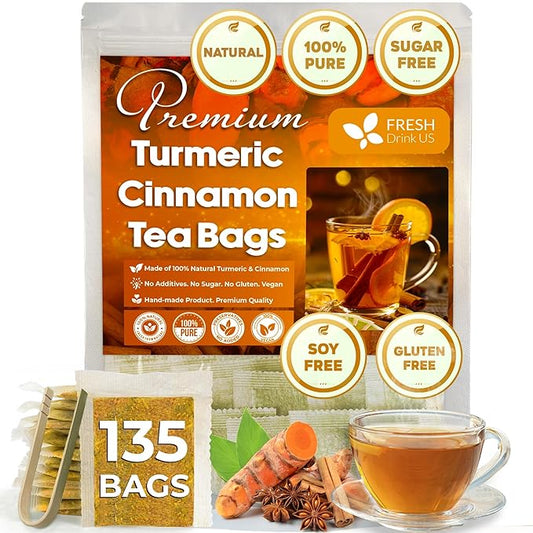 FreshDrinkUS, Premium 135 Turmeric Cinnamon Tea Bags, 100% Natural, Blend of Turmeric, and Cinnamon. Made with Natural Material Tea Bags. No Sugar. No Caffeine. Vegan.