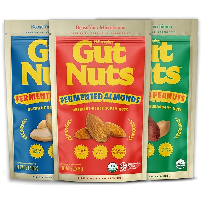 Gut Nuts - Almonds, Cashews, Peanuts Variety Pack (Pack of 3) for Gut Health - Tangy, Umami, & Salty Flavors - Super Crunchy Low Carb Keto Snacks - Low Sugar Prebiotic & Postbiotic Almond, Cashew, Peanut Snacks - 3oz Pouch (3 Pack) - by Philosopher Foods