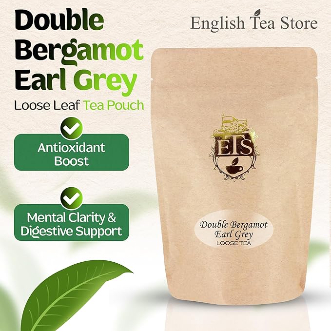 Double Bergamot Earl Grey Tea - 4oz | Loose Leaf Tea Pouches | English Tea Store Blend | Strong Citrus Flavor with Indian & Ceylon Black Tea | Hot or Iced Tea Brewing