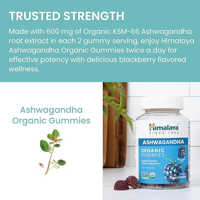 Himalaya Ashwagandha Organic Gummies, KSM-66 Organic Ashwagandha to Help with Stress Relief, Energy and Relaxation, 60 Gummies with Delicious BlackBerry Flavor