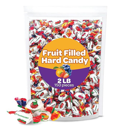 Fruit Filled Hard Candy - 2 Pound Bulk Pack (About 150 Count) - Assorted Flavors Bon Bons - Cherry, Orange, Strawberry, Raspberry