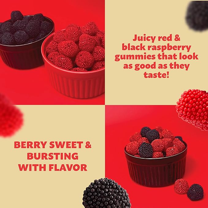 Berries Gummy Candy | 1-Pound Bag | Crunchy Raspberry and Blackberry Chews | Black & Red Halloween Candy for Parties, Buffets, and Treat Bags | Fun Crunchy Gummies