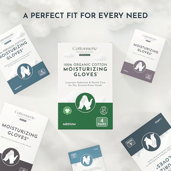 Cottonnerie Original Cotton Gloves for Dry Hands Sleeping, Moisturizing Gloves Overnight, Hand Moisturizer Gloves, Moisture Gloves for Dry Hands Overnight, Sleeping Gloves, Medium 4 Pairs