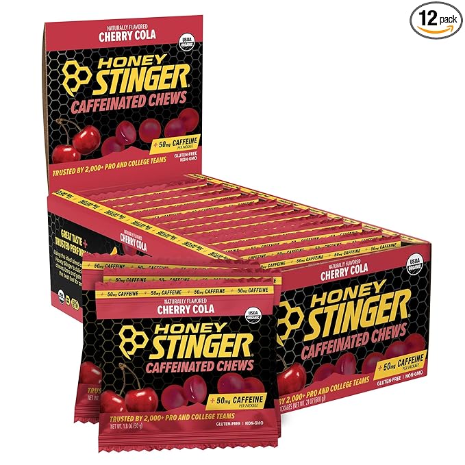 Honey Stinger Cherry Cola Caffeinated Energy Chew, Gluten Free, with Caffeine, for Exercise, Running and Performance, Sports Nutrition for Home & Gym, Pre and Mid Workout, 12 Pack, 23.2 Ounce