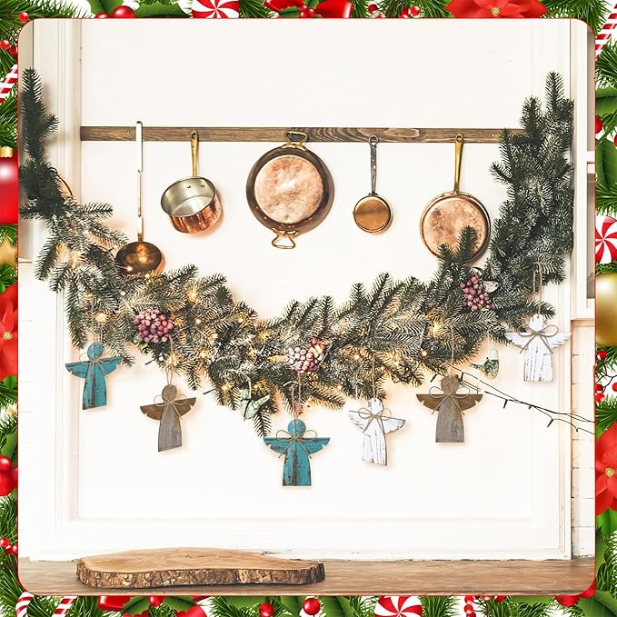 30 Pcs Angel Christmas Ornaments Bulk Wooden Rustic Farmhouse Christmas Tree Hanging Craft Decorations Small Wood Ornament Bulk White Brown Blue Ornament for Xmas Tree Home Decor