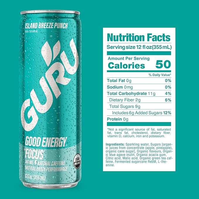 GURU PUNCH Organic Energy Drinks Variety Pack, Clean Energy Drink with Plant Based Natural Caffeine from Green Tea + Focus w/L-Theanine, Gluten Free, 140mg Caffeine, Healthy Drinks, 12oz (Pack of 12)