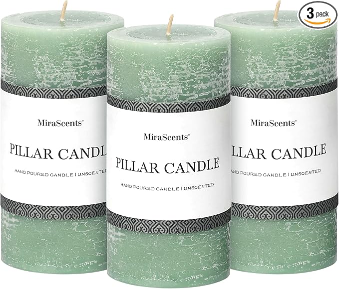 3x6 Inch Sage Green Pillar Candles Set of 3 - Unscented Spring, Long Clean Burning, Large Smokeless Dripless for Home Decor, Dinner Table, Bathroom, Rustic Decor