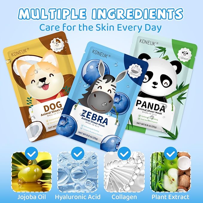 36 Pack Cute Animal Kids Face Mask, Sheet Collagen Moisturizing Face Mask for Girls Teens, Stocking Stuffers for Wome, Bulk Spa Party Gifts and Birthday Gifts