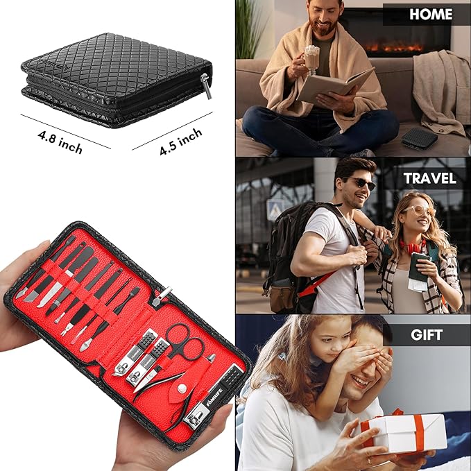 FAMILIFE Nail Kit, Professional Manicure Set Manicure Kit Nail Clipper Set, 13 in 1 Stainless Steel Pedicure Sets Clipper Tool, Men Grooming Tool with Portable Black Leather Travel Case for Him