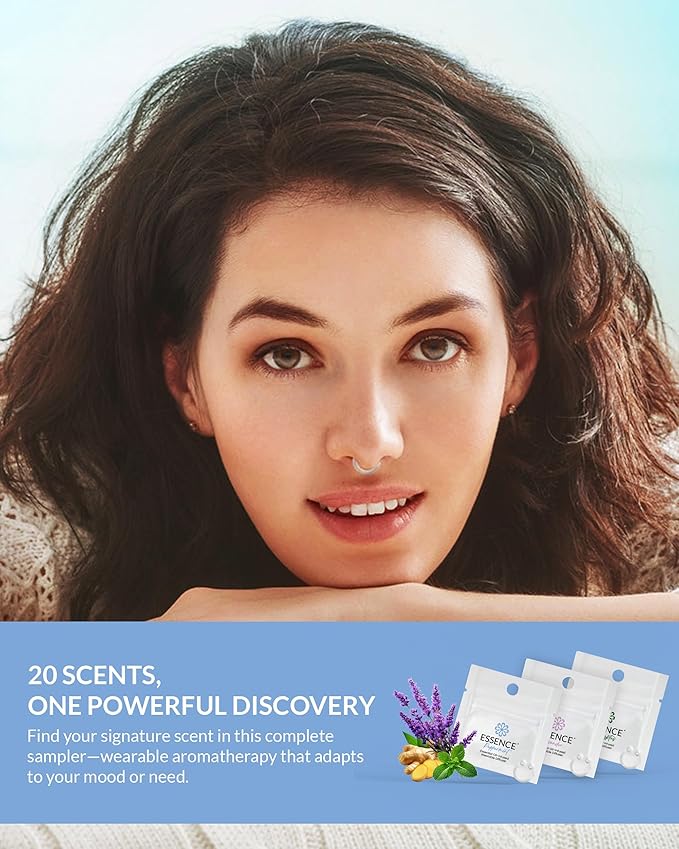 Essence Nasal Diffuser Ring Try-All Sample Pack - 20 Essential Oil Nose Ring Inhalers for Focus, Calm & Mood Support - Find Your Signature Wearable Aromatherapy Scent for Travel, Work & Self-Care