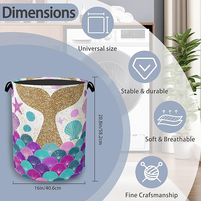 Fish Scales Laundry Basket,Mermaids Seashell Foldable Oxford Cloth Tote Bag Laundry Hamper Clothes Storage Bucket Organizer for Bedroom Laundry Storage Dormitories 16" x 20.8"