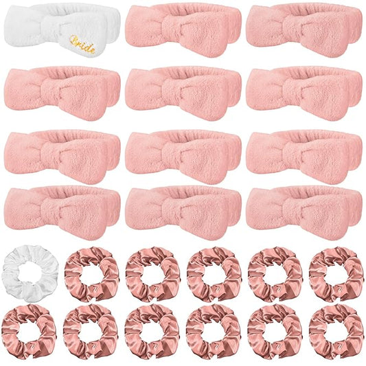 24 Pcs Bachelorette Party Favors Include 12 Bride Bridesmaid Spa Headband 12 Bridesmaid Gifts Scrunchies for Women Sleepover Spa Bachelorette Party Accessories Supplies(White, Rose Gold)