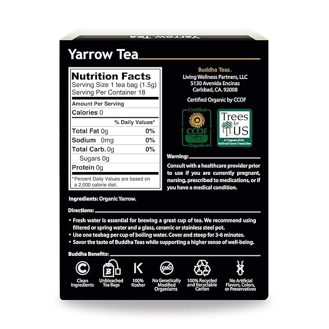 Buddha Teas Organic Yarrow Tea - OU Kosher, USDA Organic, CCOF, 18 Bleach-Free Tea Bag