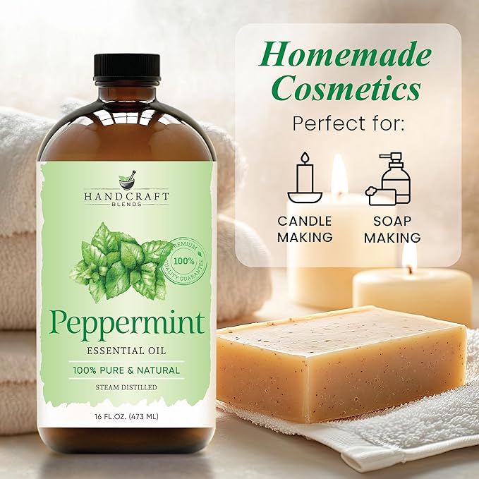 Handcraft Blends Peppermint Essential Oil in Glass Bottle – Huge 16 Fl Oz – 100% Pure and Natural – Premium Grade Oil for Diffuser and Aromatherapy, Skin, Massage, Candle and Soap Making Fragrance