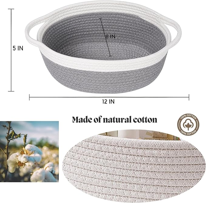 2 Pack Small Woven Storage Basket with Handles 12"x8"x5", Decorative Rope Bin for Home Organization, Shelf Storage,Cotton Rope Room Shelf Storage Basket with Handles