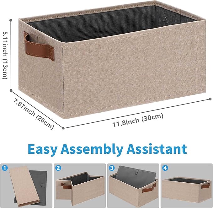 GhvyenntteS Small Fabric Storage Bins 6 Pack, 11.8" x 7.87" x 5.11" Storage Basket with Leather Handles, Closet Storage Bins for Shelves, Storage Baskets for Shelves, DVD Storage (Beige Yellow)