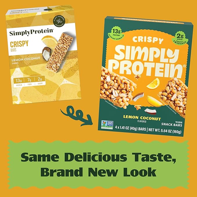 Simply Protein - Lemon Coconut Crispy Bars - Plant Based Protein Bars - Low Carb, Low Sugar, High Fiber - 13g Protein, 2g Sugar, 7g Fiber - Vegan, Gluten Free, Non GMO, Kosher - 8 Bars