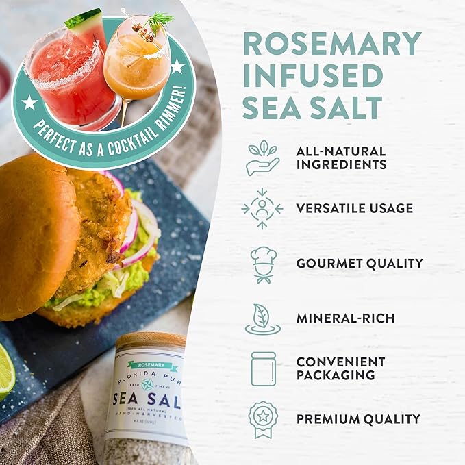 FLORIDA PURE Rosemary Sea Salt - 80+ Mineral Sea Salt, Natural, Unrefined, Non Iodized - for Baking, Cooking, Seasoning & Enhancing Taste - Hand-harvested Flaky Sea Salt (4.5 oz Jar)