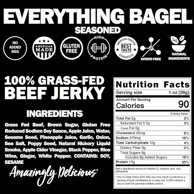Field Trip Grass Fed Beef Jerky, Healthy Gluten Free Snacks, All Natural, Paleo-Friendly Beef Jerky, High Protein, Low Carb Snack with No Nitrates, 2.2oz Bag, 4 Pack, Everything Bagel