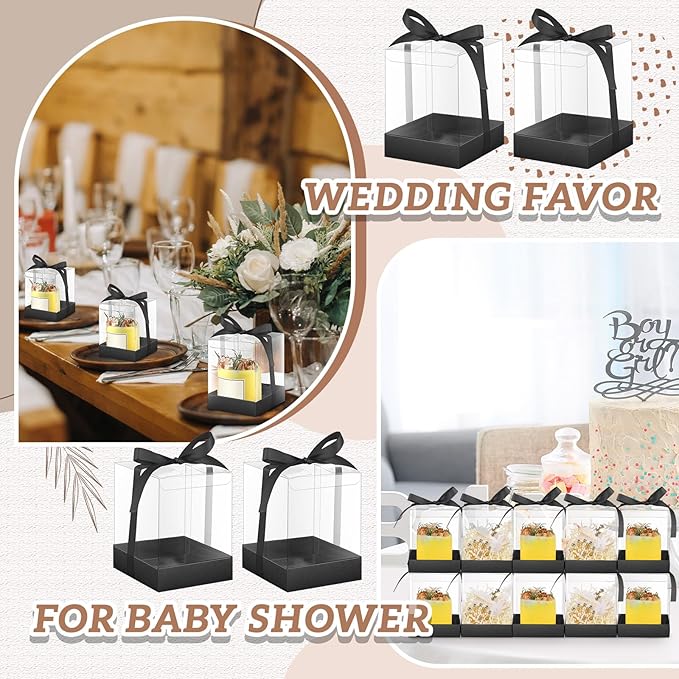 Cunno 36 Set 3.5 x 3.5 x 4.3 in Candle Package Transparent Gift Box 4-18 oz Handmade Tealight Candle Holder Bulk Paper Bottom Ribbon for Wedding Baby Shower Party Mug Cake Wine Glasses(Black)
