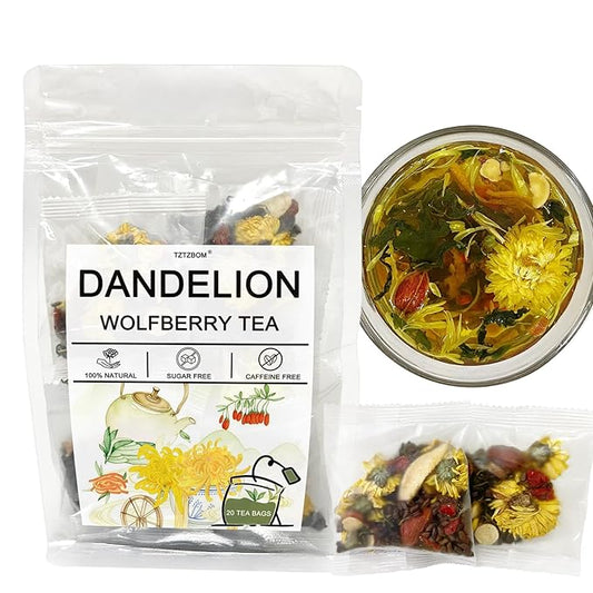 Dandelion Wolfberry Tea Bags, 100% Natural Liver and Kidney Detox Tea, Caffeine-Free - 10g x 20 Count