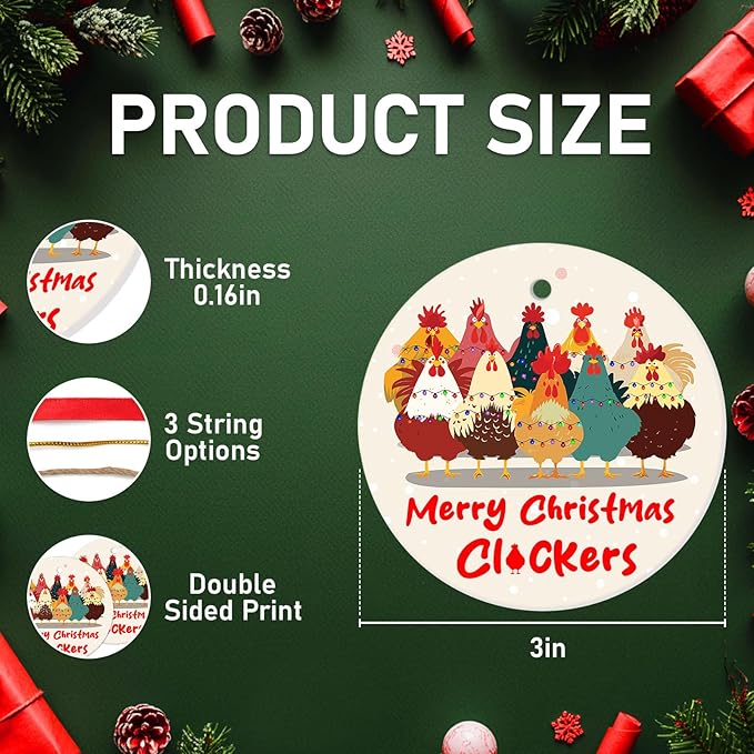 34HD Chicken, Merry Chrismas Ornaments 2025 Ceramic 2-Side Printed, Funny Farm Ornaments for Christmas Tree, Rooster Gifts for Woman Men