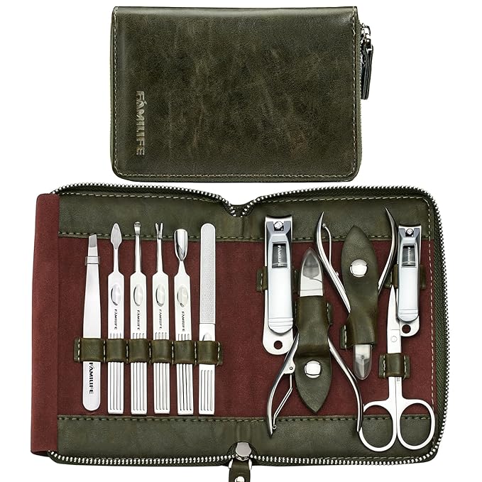 FAMILIFE Manicure Set, Professional Manicure Kit Nail Clippers Set 11 in 1 Stainless Steel Nail Pedicure Tools Kit Grooming Tool with Portable Green Leather Travel Case Luxury Gifts for Women and Men