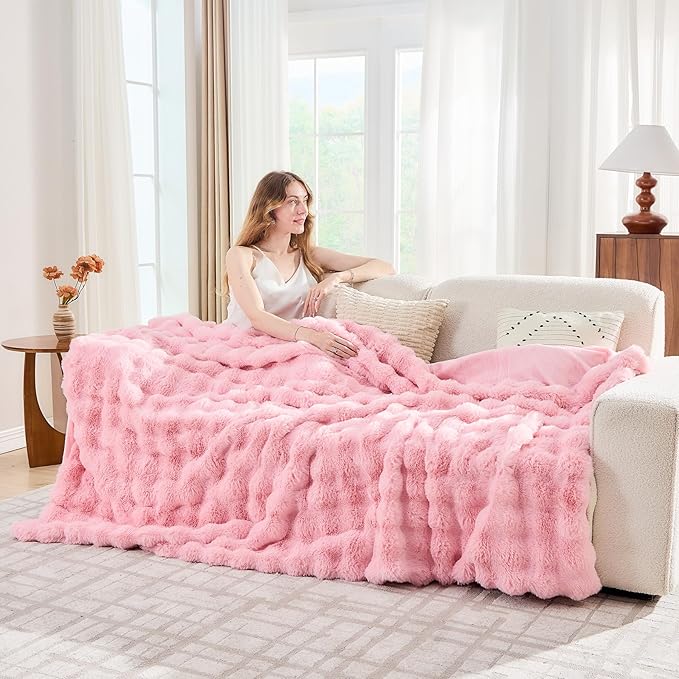 Lotus Karen Faux Fur Throw Blanket Pink - Big Bubble Rabbit Fluff Blanket for Couch, Large Fluffy Fuzzy Cozy Blanket,Thick Furry Plush Shaggy Blankets,90x90 Inches