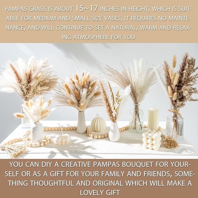 130PCS Natural Dried Pampas Grass Boho Home Decor Bouquet Phragmites Dried Flowers Bouquet for Wedding Floral Arrangements Home Decorations (130PCS)