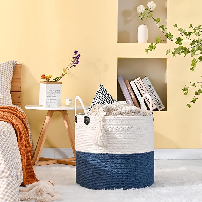 KAKAMAY Large Blanket Basket (18"x18"x16"),Woven Baby Laundry Hamper for Storage, Cotton Rope Blankets Baskets for Nursery, Laundry, Living Room, Pillows, Baby Toy chest with Handles (Navyblue)