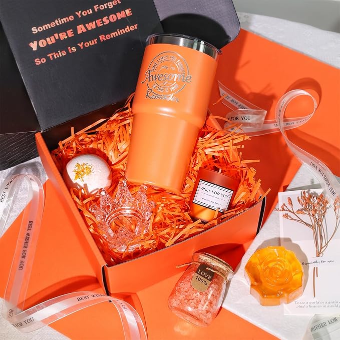 Gifts for Women Unique Spa Gifts Basket Set Birthday, Mothers Day, Valentines Day Christmas Gifts for Mom, Sister, Her, Girlfriend, Wife Bright Orange Gift Box…