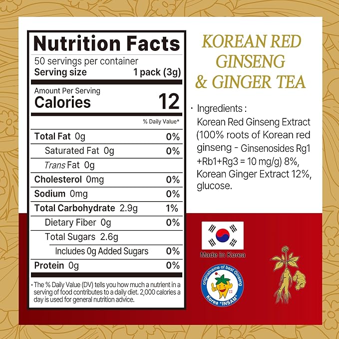 SAMSIDAE Korean Panax Red Ginseng with Ginger Tea, Box of 50 Bags, Supports Circulation, Energy, Immunity, and Digestion – Smooth Taste