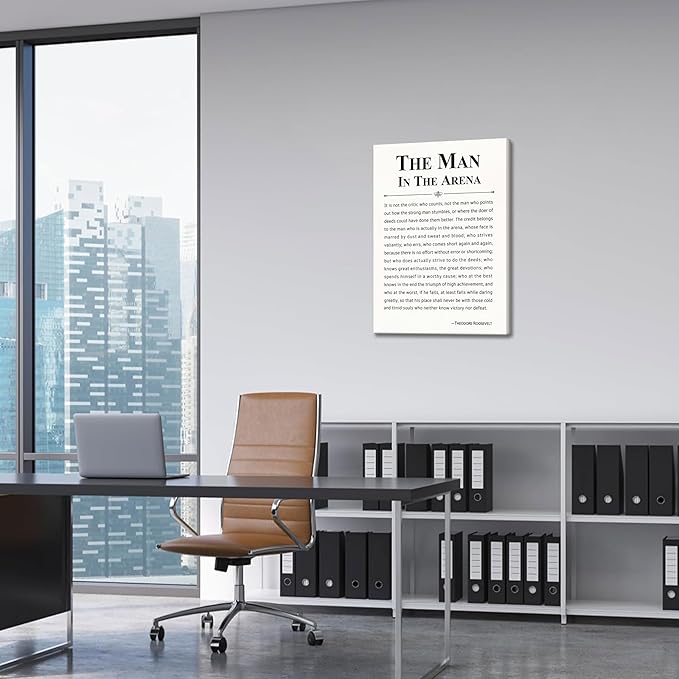 Framed Motivational Wall Decor for Men, The Man in The Arena Office Inspirational Wall Art, Positive Quotes Pictures, Spiritual Canvas Prints, Faith Based Gifts for Living Room, Bedroom 16x24 inch