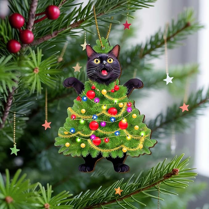 Black Cat Wooden Ornament - Cute Screaming Cat Decorative Pendant - Black Cat Hanging Gifts for Cat Lovers - 2 Side Printed Christmas Tree Ornament
