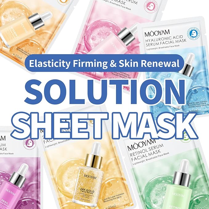 6 Pack Collagen Serum Sheet Masks,Facial Masks Skincare for Women,Hydrating & Moisturizing Face Masks for All Skin Types,Smooth,Nourishing,Lightweight