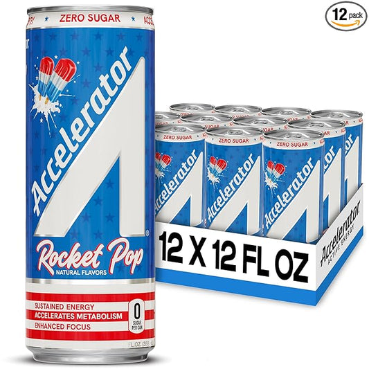 Accelerator Energy Drink Sugar Free, Rocket Pop 12oz can(12 pack)Zero Sugar Energy Drinks with Sustained Energy from 100% Natural Caffeine (200mg) & Green Tea extract