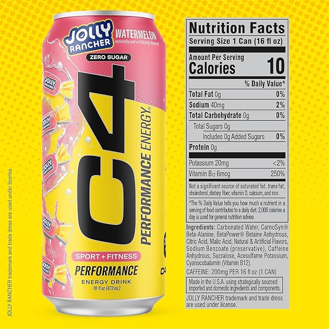 Cellucor C4 Performance Energy Drink | JOLLY RANCHER Watermelon | Zero Sugar Carbonated Preworkout Energy | 200mg Caffeine with Beta Alanine | 16 Fl Oz (24 Pack)