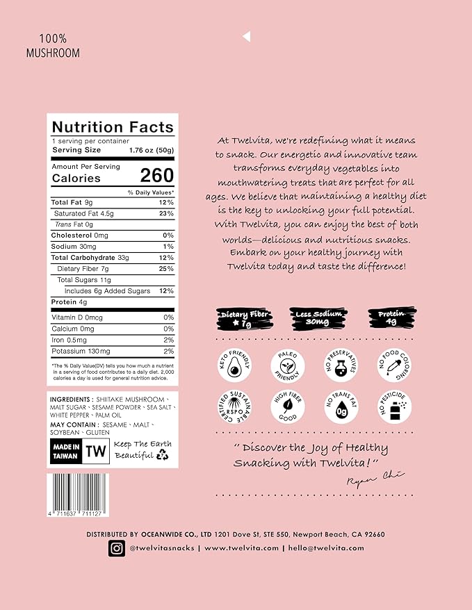 TwelVita Wholesome Baked Shiitake Mushroom Crisps, Vegan Snacks, Clean Label, Non-GMO, Gluten-Free, 1.76 oz ea, Pack of 4
