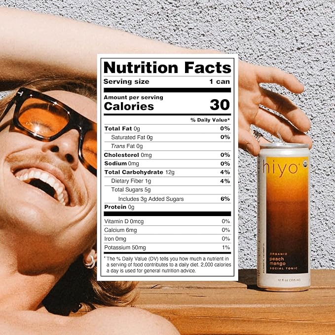 Hiyo Organic Social Tonic - Peach Mango, 12 Pack - N.A. Functional Seltzer, Sparkling Water Crafted with Organic Adaptogens, Nootropics & Botanicals