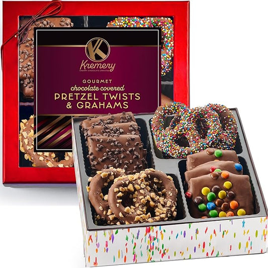 KREMERY Creamy Chocolate Cravings - Diwali Sweets Hamper Chocolate Covered Pretzel Twists & Grahams Cookies Gift Basket, in Brown Gift Box (12 Count, Assorted Sweet Toppings)