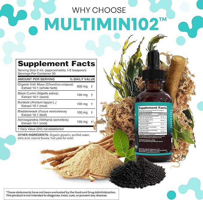 Clean Nutraceuticals Sea Moss Drops Supplement Liquid with Black Seed Oil Ashwagandha Burdock Root & Bladderwrack - Multimineral Organic Non-GMO Vegan for Gut Heath Skin Immune Support Hair (2)