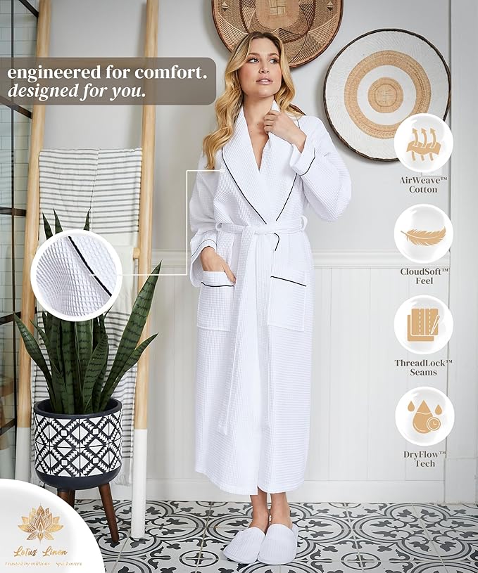 Lotus Linen Waffle Robes for Women - Lightweight Cotton Kimono Bathrobe - Long Soft Spa Bath Robe