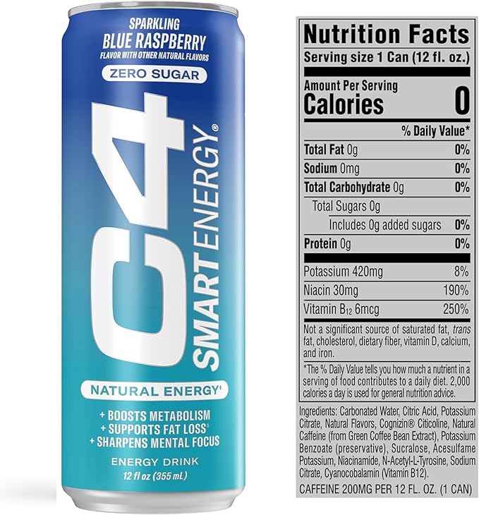 Cellucor C4 Smart Energy Drink ‚ Boost Focus and Energy with Zero Sugar, Natural Energy, and Nootropics - 200mg Caffeine - Blue Raspberry (12oz Pack of 12)