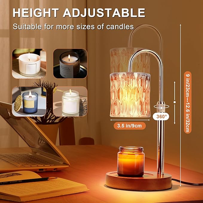 Candle Warmer Lamp with Timer, Dimmable Candle Warmer Lamp, Adjustable Height Candle Lamp, Electric Candle Lamp Warmer with 2 Bulbs, Candle Warmer Lamp for Home Bedroom Decor (Wooden Base)