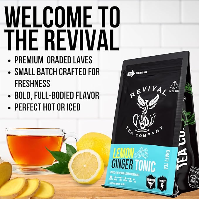 Revival Tea Company Lemon Ginger Tonic - Caffeine Free Herbal Tea Blend with Lemongrass and Ginger - 24 Tea Bags