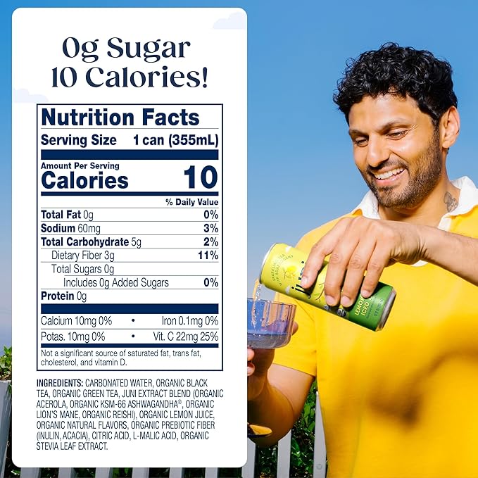 Juni Sparkling Adaptogen Drink with Ashwagandha, Lion’s Mane & Reishi Mushrooms | Green Tea for Focus, Zero Sugar, 10 Calories, Organic | Non Alcoholic Drinks - Lemonade Iced Tea 12 pack