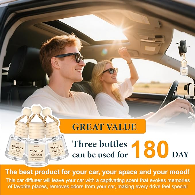 Hanging Car Air Freshener (Pack of 3) : Luxury Car Perfume for Women Men | Cute & Reusable Bottle with 45+ Days Long-Lasting Fragrance Oil Diffuser, Vanilla Cream