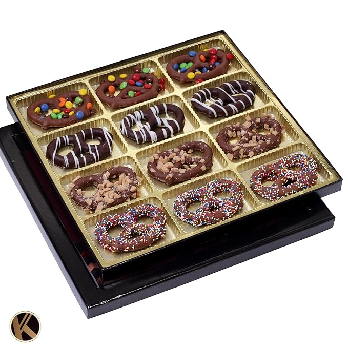 KREMERY Creamy Chocolate Cravings - Diwali Sweets Hamper Chocolate Covered Pretzel Twists Gift Basket, in Sectional Gift Box (12 Pretzels, Assorted Sweet Toppings)